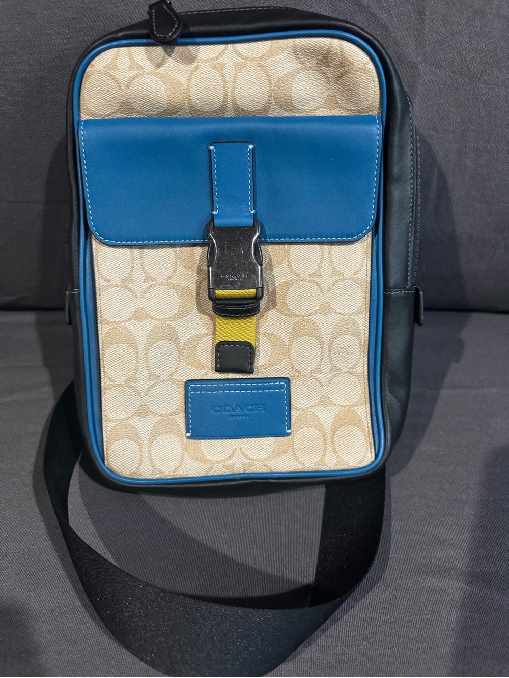 Coach Tan Signature Canvas Messenger with Blue Trim and Black Strap